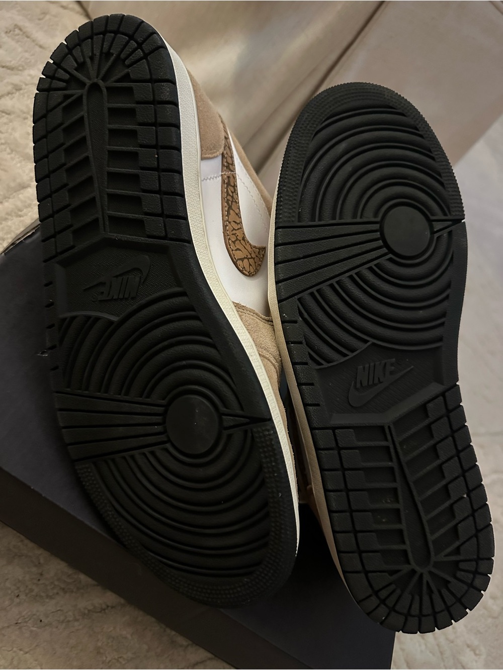 Jordan Low-Top Sneakers in White and Tan with Elephant Print Swoosh - Picture 6 of 8